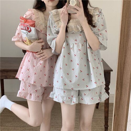 【美丽的盛夏】韩版蕾丝方领樱桃甜美家居服套装短袖夏季外穿女