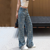 高级感满印老花牛仔裤 复古显瘦 高腰直筒阔腿裤 女2026年春季 新款