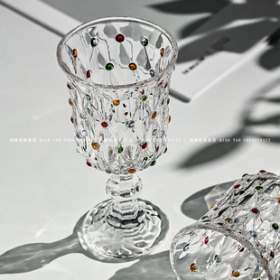 欧式 饰玻璃杯创意浮雕纹理透明水杯高颜值家用葡萄酒杯 复古彩色装