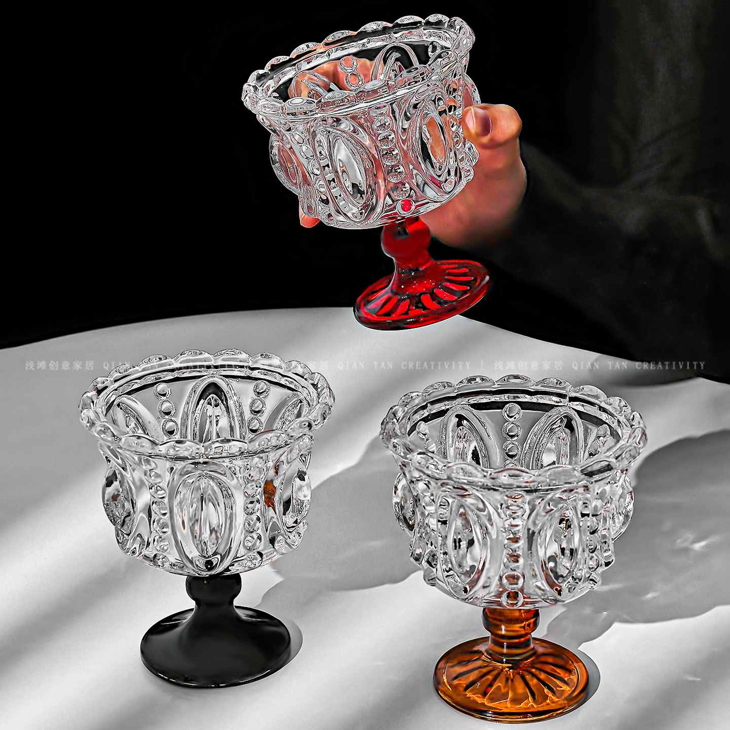 法式复古浮雕高脚香槟杯中古酒杯