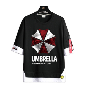 安布雷拉标志生化危机短袖保护伞公司衣服男女宽松纯棉飘带T恤夏