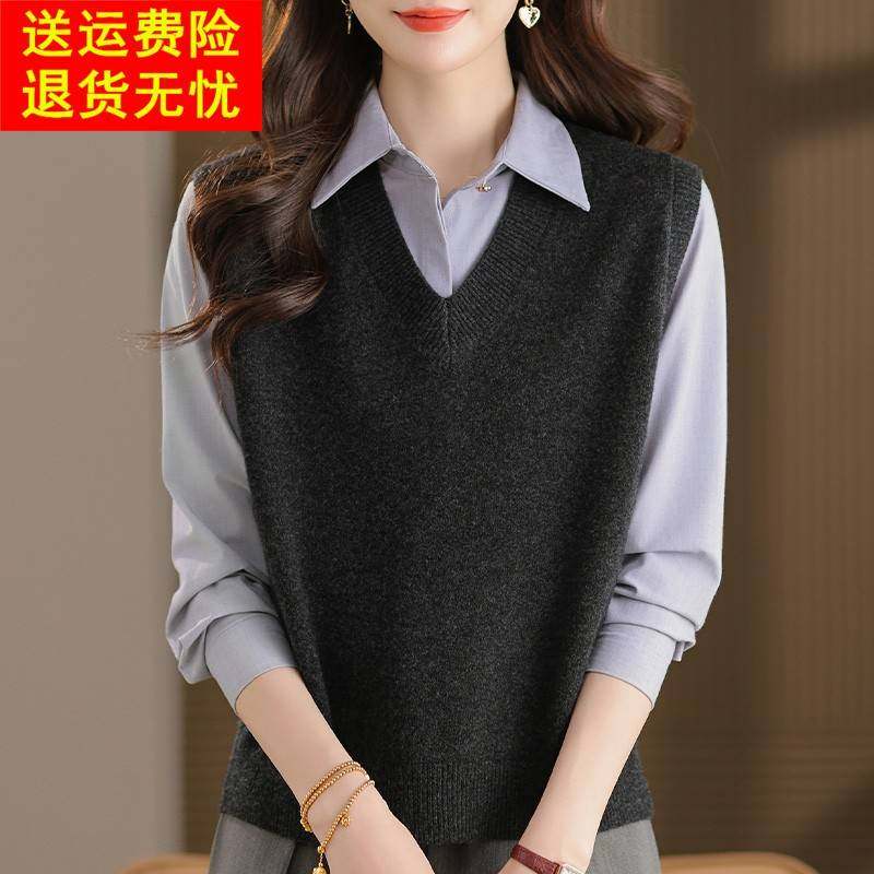 妈妈100纯羊毛绒衫无袖背心毛衣V领加厚秋冬针织马甲宽松大码外穿