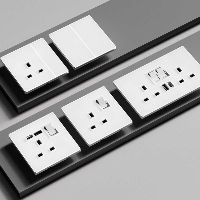 香港澳版13A英式方脚插座带USB快充英标电灯制开关肤感玻璃面板