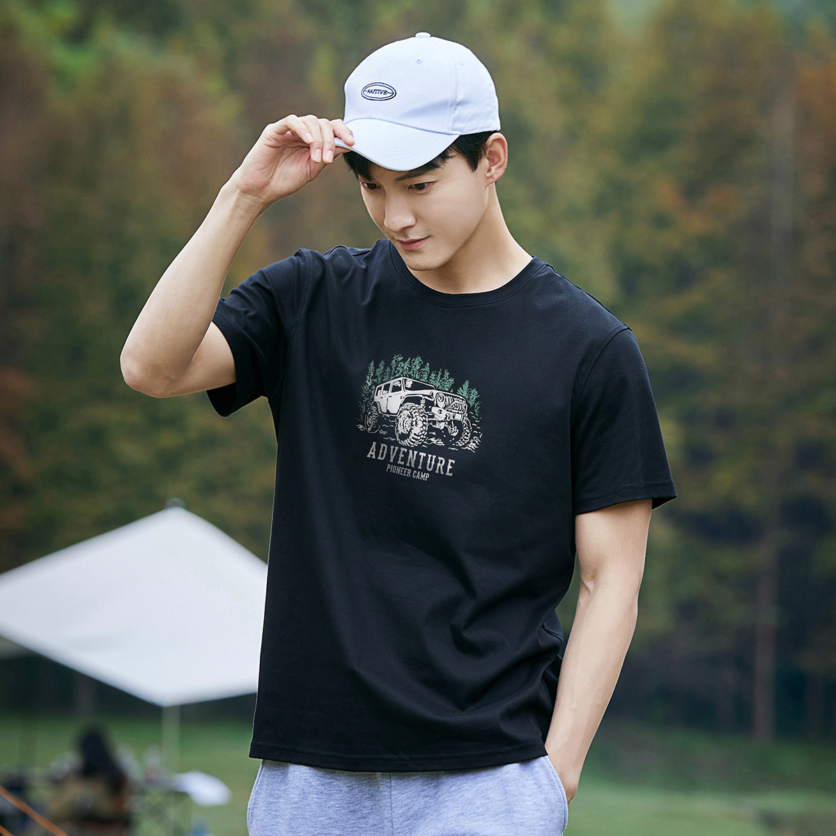 拓路者纯棉宽松印花短袖T恤男