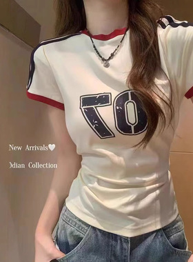 撞色印花美式圆领正肩短袖t恤球衣女夏休闲百搭运动修身显瘦上衣