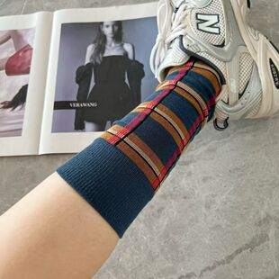 复古风绿色格子中筒袜女百搭休闲堆堆袜个性 韩版 潮袜 新款 2025秋季