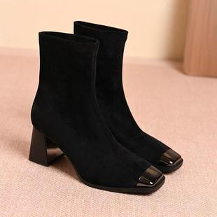 新款 女2铁25秋冬季 方头粗跟短靴高网0红百搭瘦瘦靴 属头跟鞋 法金式