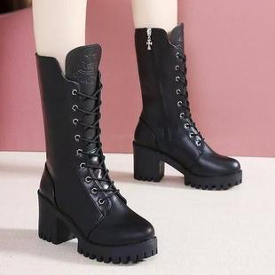 女粗马丁女中筒靴女202跟5年靴秋冬新款 网红高跟女靴 英伦风百搭鞋