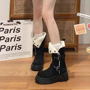 两加绒保暖小个子穿骑士靴 25冬新款 厚底西部潮牛仔棉靴女2季 0款