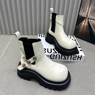 增马丁靴女秋季 带尔扣松糕厚底短靴0切西烟筒单靴 225百搭高皮新款