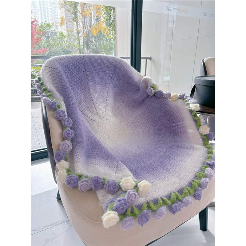 毛线手工编织玫瑰花束毯子