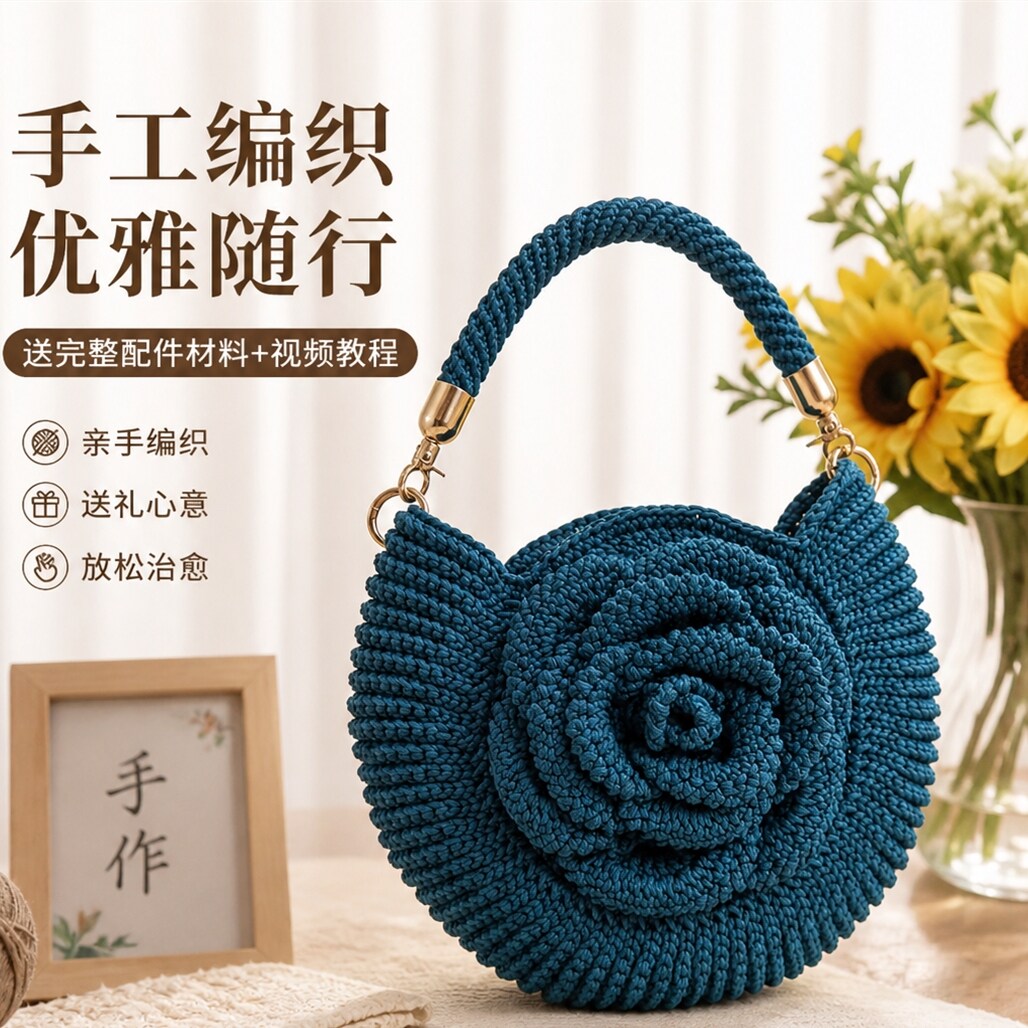 手工编织DIY大号春夏牡丹花手拎包材料包送教程礼物妈妈婆婆