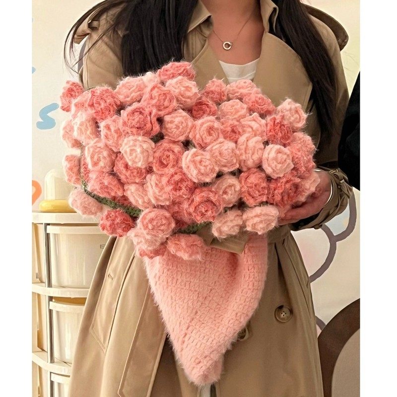 花束毛毯玫瑰花手工编织渐变魔法球羽毛纱毯子diy教程礼物送女友