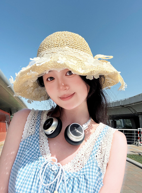 2025新款法式草帽女夏季海边帽子沙滩夏天蕾丝草编遮阳防晒太阳帽