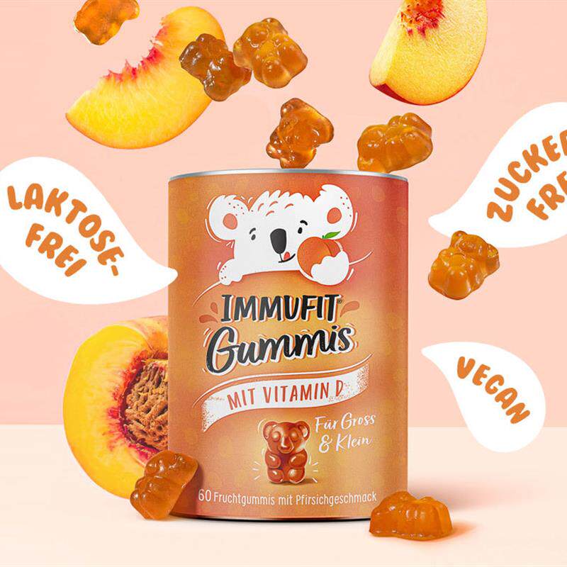 德国ImmuFit纯素维生素D小熊软糖60粒桃味无糖2个月量成人儿童4岁
