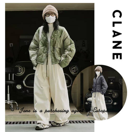 国现 日本 CLANE 松本惠奈复古撞色拼接V领绗缝棉服棉衣外套