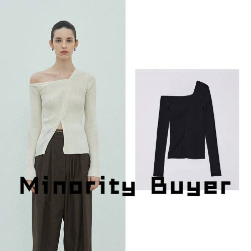 现货 买手店 DIAGONAL 申有娜同款不对称露肩收腰针织修身上衣