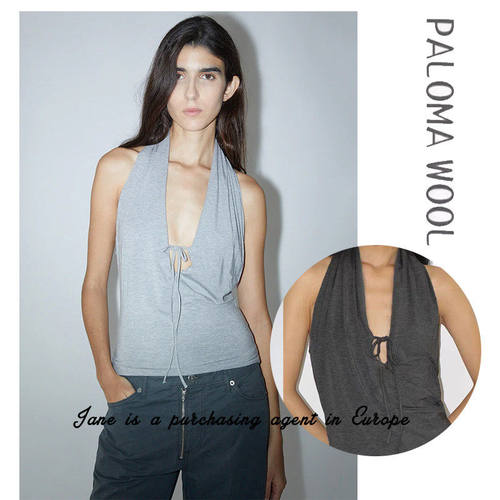 国现 PALOMA WOOL 25夏季新款性感深V领挂脖绑带露肩露背背心上衣