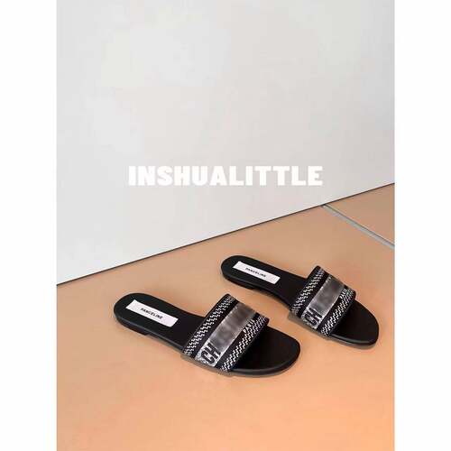 水钻字母粗跟一字带拖鞋女外穿