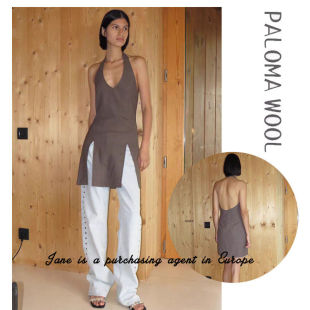 国现 西班牙 PALOMA WOOL 纯欲性感纯色挂脖露背开衩连衣裙