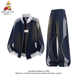 Mexican美式条纹重磅卫衣卫裤男女款秋季潮流休闲运动套装二件套