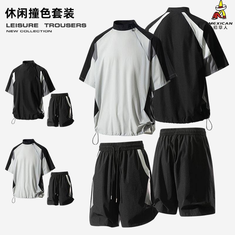 稻草人短袖短裤套装男夏季户外宽松休闲青年运动冰丝速干两件套男