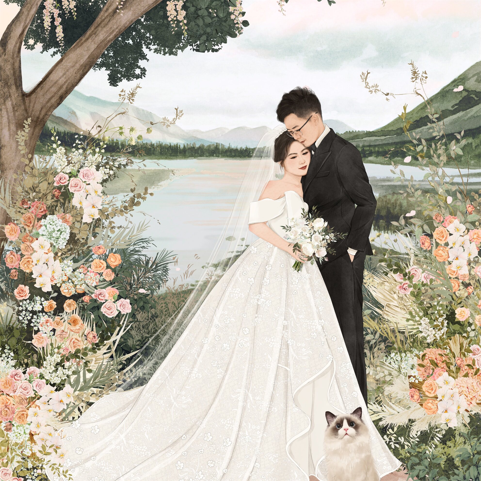 婚纱照手绘水彩写实婚礼请柬插画头像森系双人价含danny画画背景