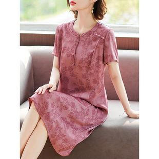 中老年女裝 新中式 媽媽夏裝 桑蠶絲連衣裙2024新款 顯瘦真絲裙子 時尚