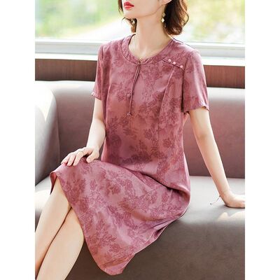 新中式妈妈夏装桑蚕丝连衣裙2024新款中老年女装时尚显瘦真丝裙子