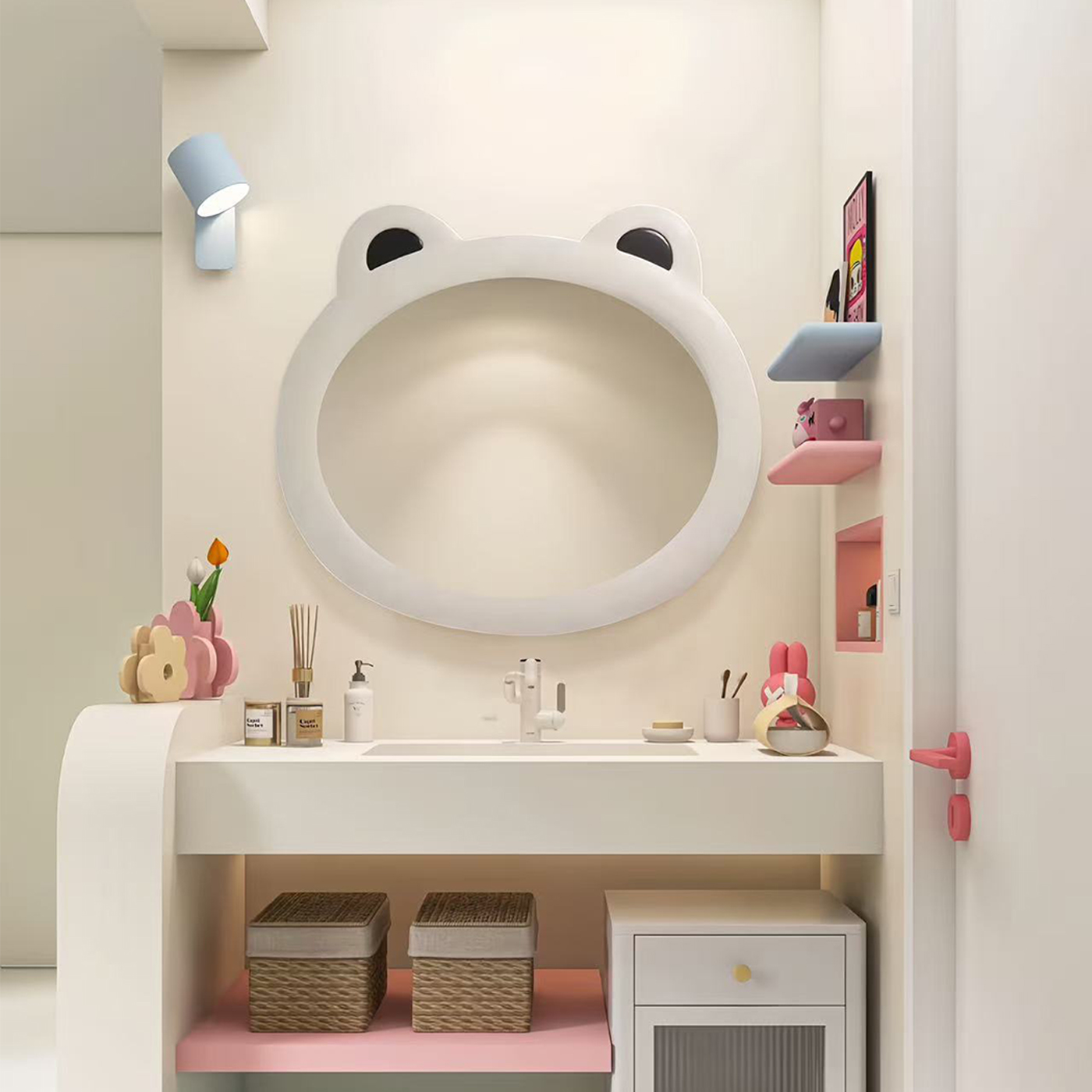 奶油风小熊浴室镜酒店圆形洗手台化妆镜民宿艺术洗手间台盆洗漱镜
