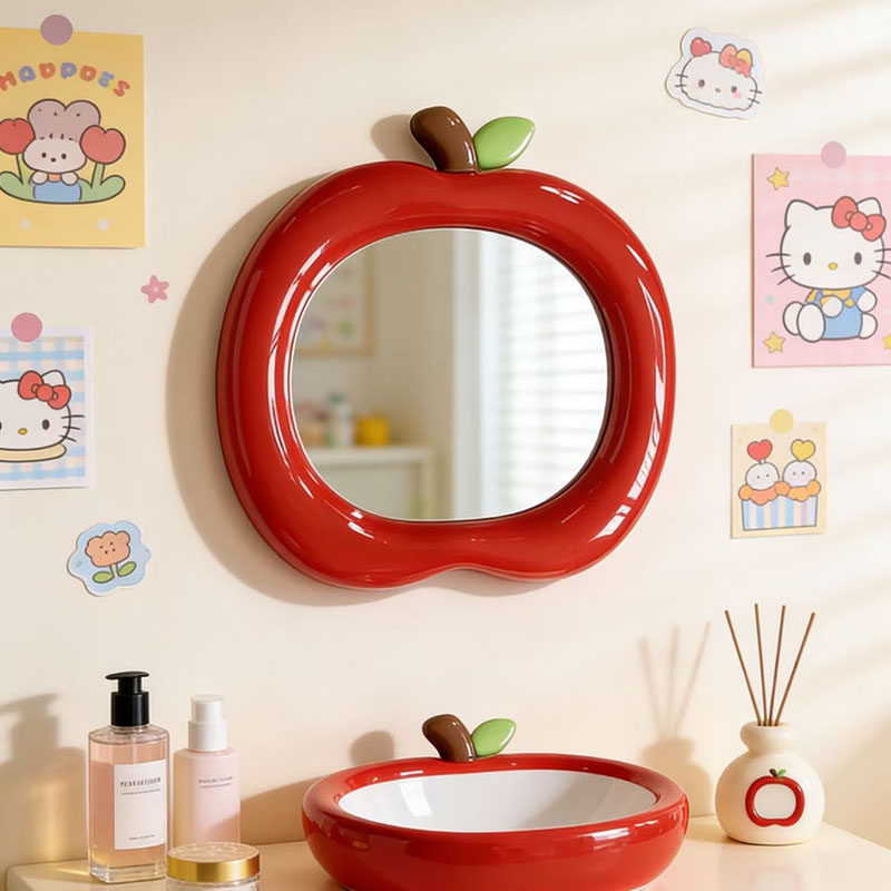 可爱风苹果造型创意装饰镜奶油风卫生间智能发光浴室镜卧室化妆镜