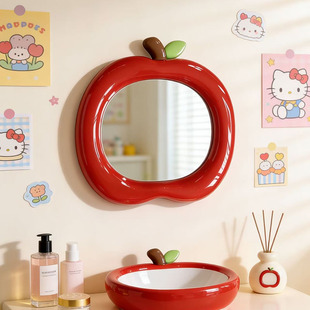 可爱风苹果造型创意装 饰镜奶油风卫生间智能发光浴室镜卧室化妆镜