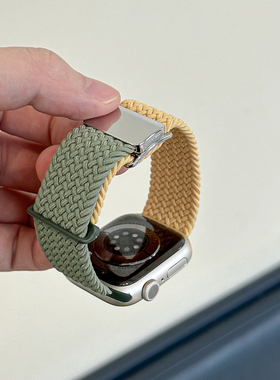 适用applewatchS11尼龙撞色表带iwatch9/8/7/6创意新编织弹力金属磁吸扣双节回环表带苹果手表10运动表带男女