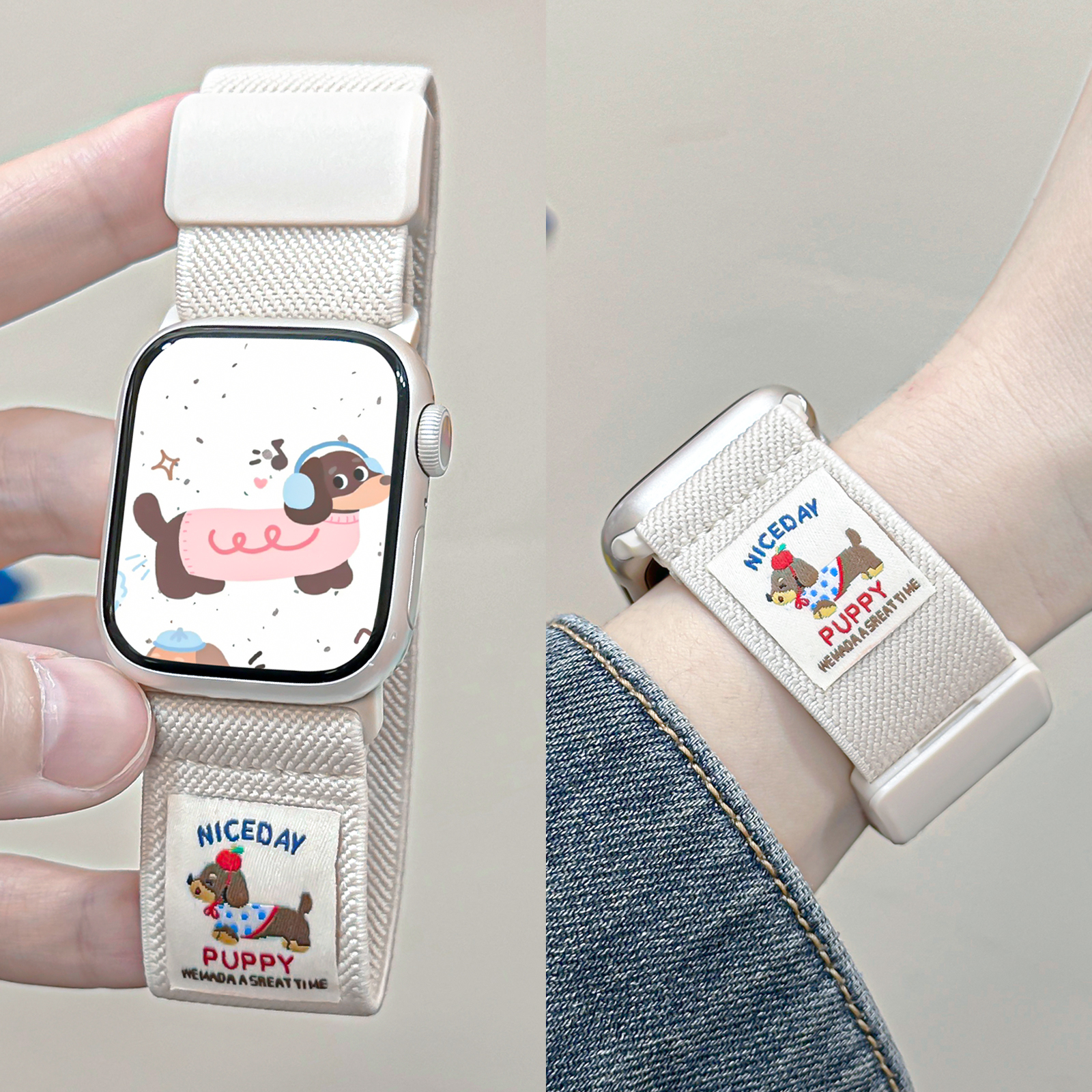 适用iWatch腊肠狗磁吸尼龙表带
