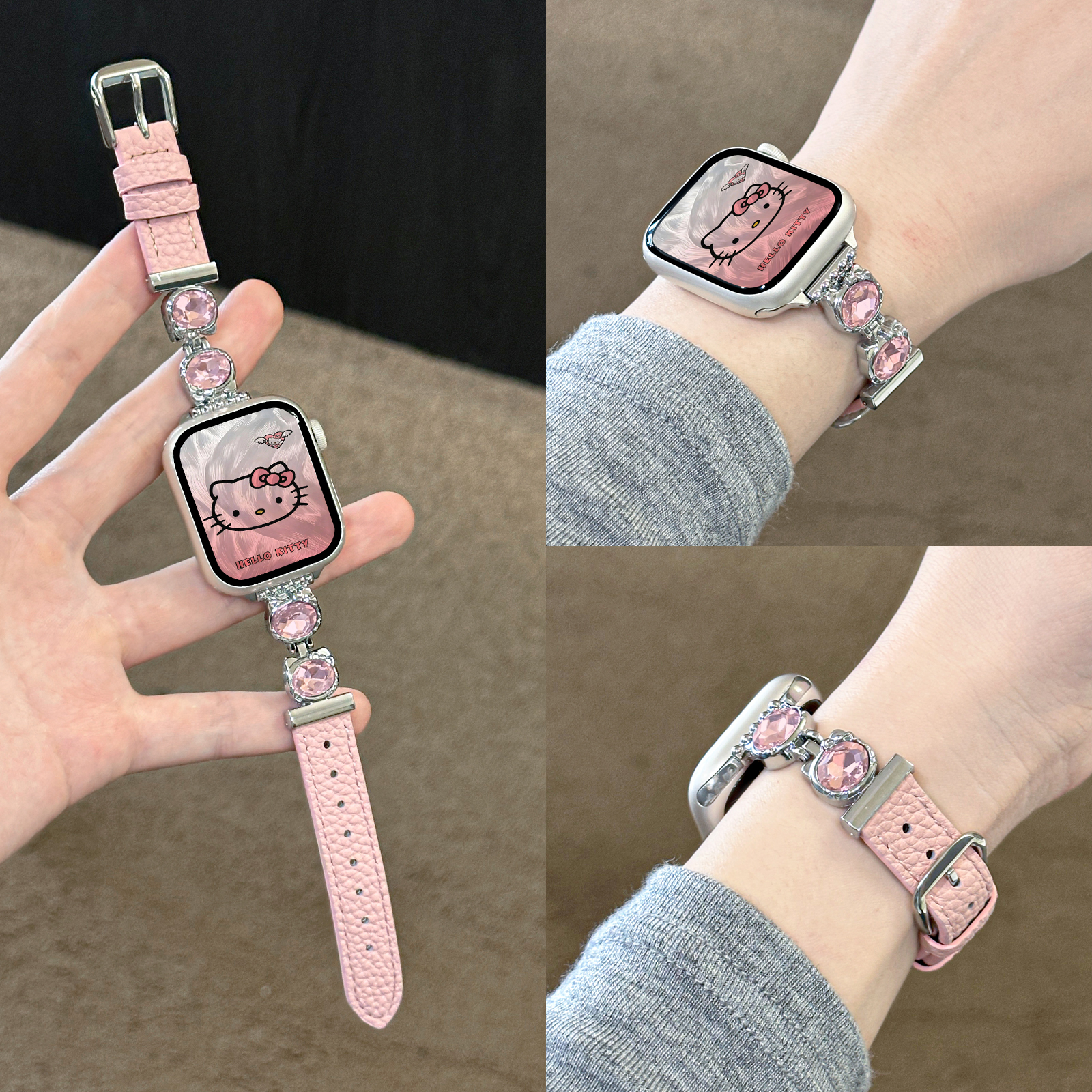 适用iWatch凯蒂猫拼荔枝纹皮表带