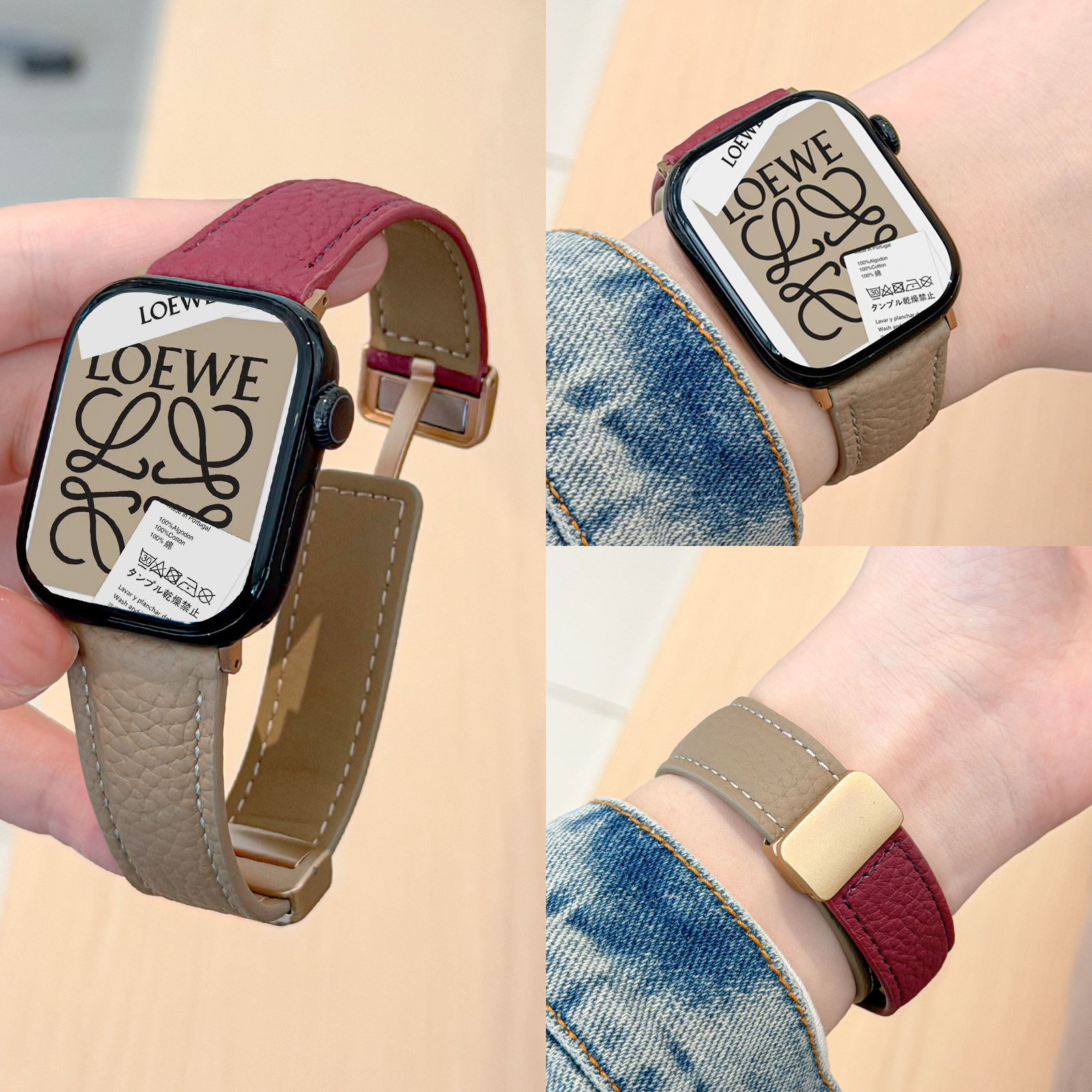 适用applewatch11代拼色荔枝纹真皮表带苹果手表ultra撞色磁吸扣皮腕带iwatchS10/9/8/7秋冬复古方扣款配件女