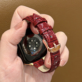 适用applewatchS11纤细竹节纹亮面皮表带iwatch10 987秋冬复古女SE高级感苹果手表ultra创意舒适小蛮腰皮腕带