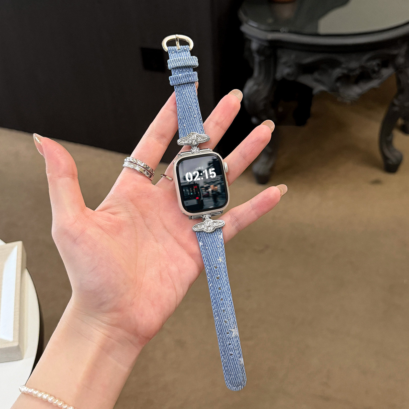 星星闪钻牛仔适用苹果手表S11皮表带苹果手表SE高级感女款iwatchS10/9西太后土星透气8/7/6春夏ultra皮质腕带
