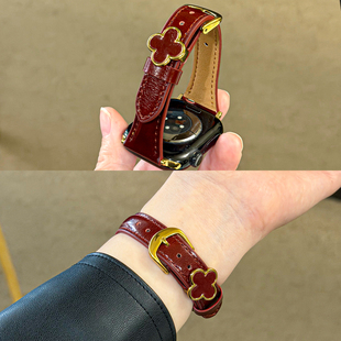 适用苹果手表S11代四叶草扣真皮表带iWatchSE2秋冬小牛皮applewatchS10/9/8/7质感轻奢皮质Ultra小蛮腰腕带女