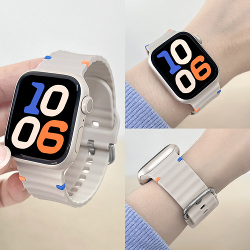 适用iWatch缝线波浪硅胶透气表带