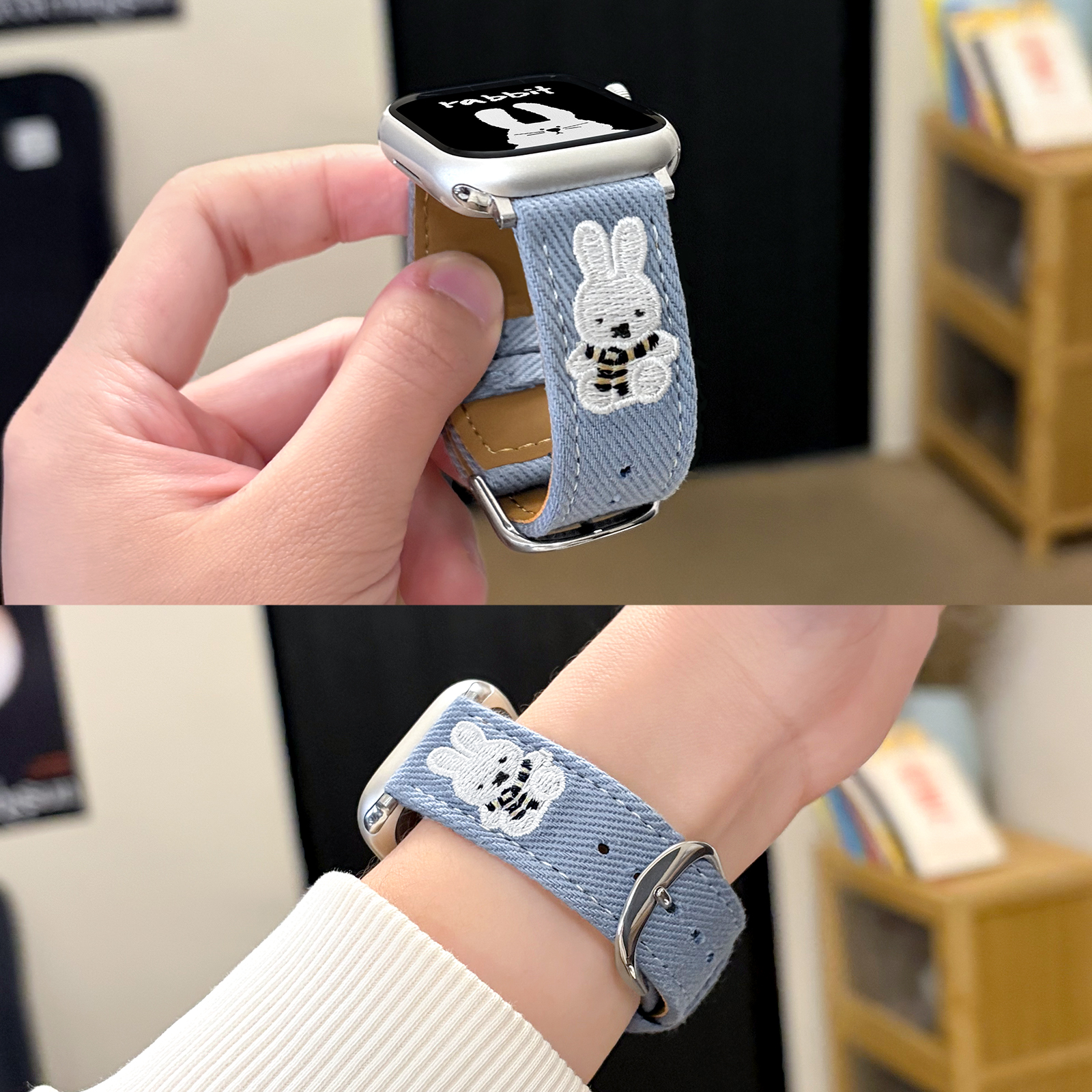 适用iwatch米菲兔牛仔真皮表带女