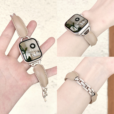 适用iWatch金属手镯拼皮款表带