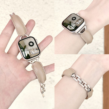 适用iWatch中古手镯款皮表带S10/9苹果手表不锈钢表带AppleWatch金属8/7/6高级感气百搭质秋冬小蛮腰细款SE女