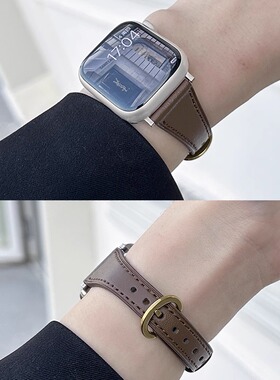 适用applewatchS11/10秋冬新款表带9小蛮腰羊皮高级柔软真皮表带苹果手表表带iwatch8/7/6/5/SE女美拉德简约