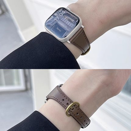 适用applewatchS11/10秋冬新款表带9小蛮腰羊皮高级柔软真皮表带苹果手表表带iwatch8/7/6/5/SE女美拉德简约