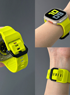 适用applewatchS11波浪纹硅胶S10运动表带iwatch9/8/7/6/5苹果手表SE新款液态硅胶荧光绿ultra超软透气男女夏