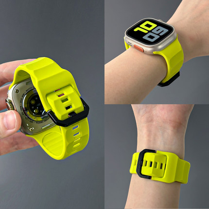 适用applewatchS11波浪纹硅胶S10运动表带iwatch9/8/7/6/5苹果手表SE新款液态硅胶荧光绿ultra超软透气男女夏
