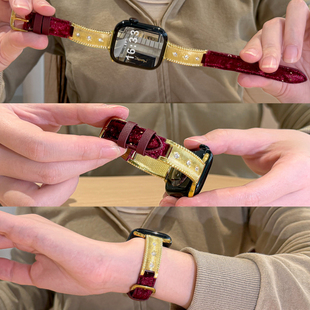 适用applewatchS11星芒丝绒手镯款拼皮表带iWatch10/9/8/7高级千金风苹果手表ultra闪钻质感女小蛮腰金属腕带