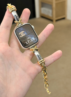 适用applewatchS11设计师款手镯金属表带iWatch10/9/876气质小蛮腰苹果手表ultra不锈钢小众细se女生夏季腕带