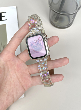 AppleWatch适用S11/10表带iWatch9/8苹果手表SE/3/4/5代小冰块表带镭射冰川透明新款钢化膜保护壳45/41mm夏季